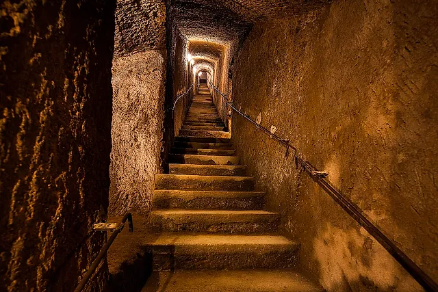 The tuff staircase of the main entrance of the Galleria Borbonica, Naples