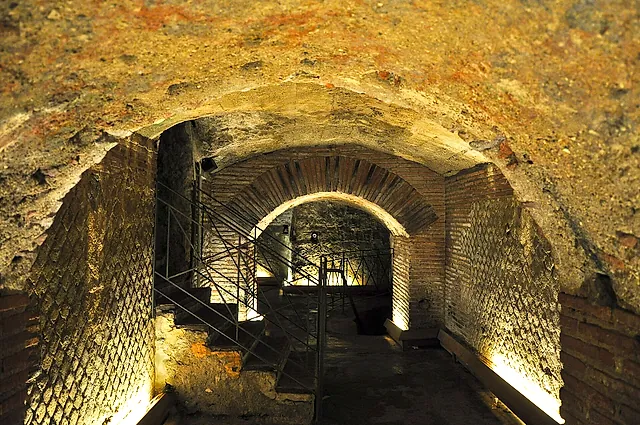The brick-vaulted passage by the stage of the Roman theatre of Neapolis, in the Naples underground